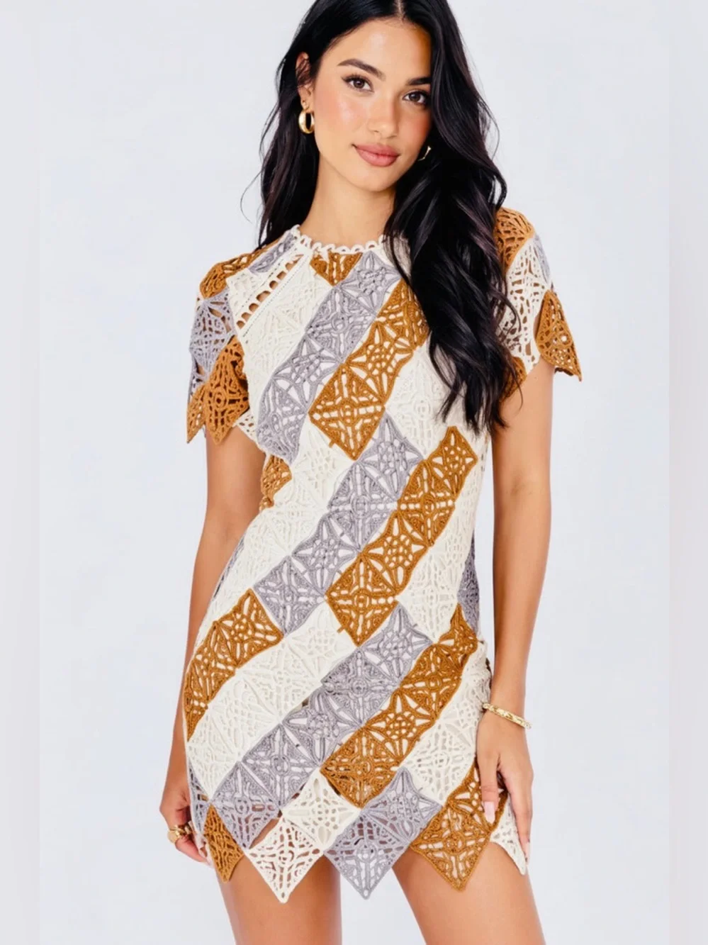 Chevron Lace Mini Dress in Mustard, Gray, and Cream - Picture 4 of 6